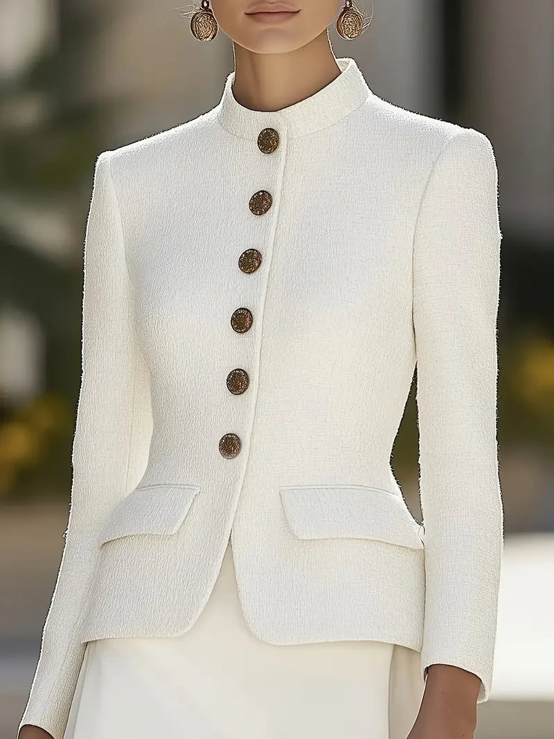 Elena | Textured Blazer with Stand Collar and Gold Buttons – Lumina Vancouver - Lumina Vancouver