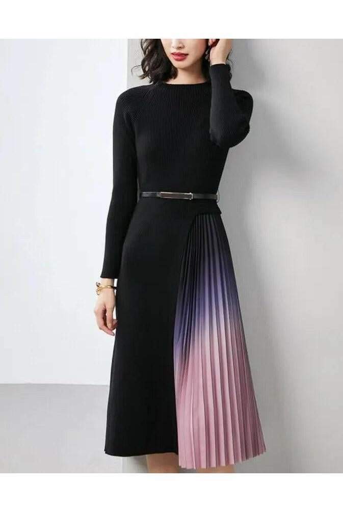 Giulia | Gradient Pleated Splicing Belted Knit Dress
