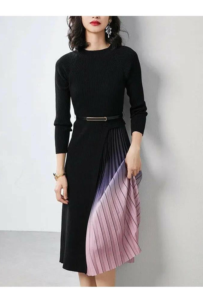 Giulia | Gradient Pleated Splicing Belted Knit Dress