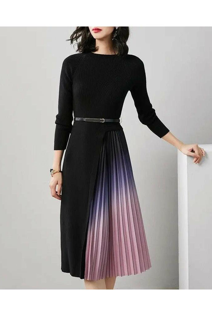 Giulia | Gradient Pleated Splicing Belted Knit Dress