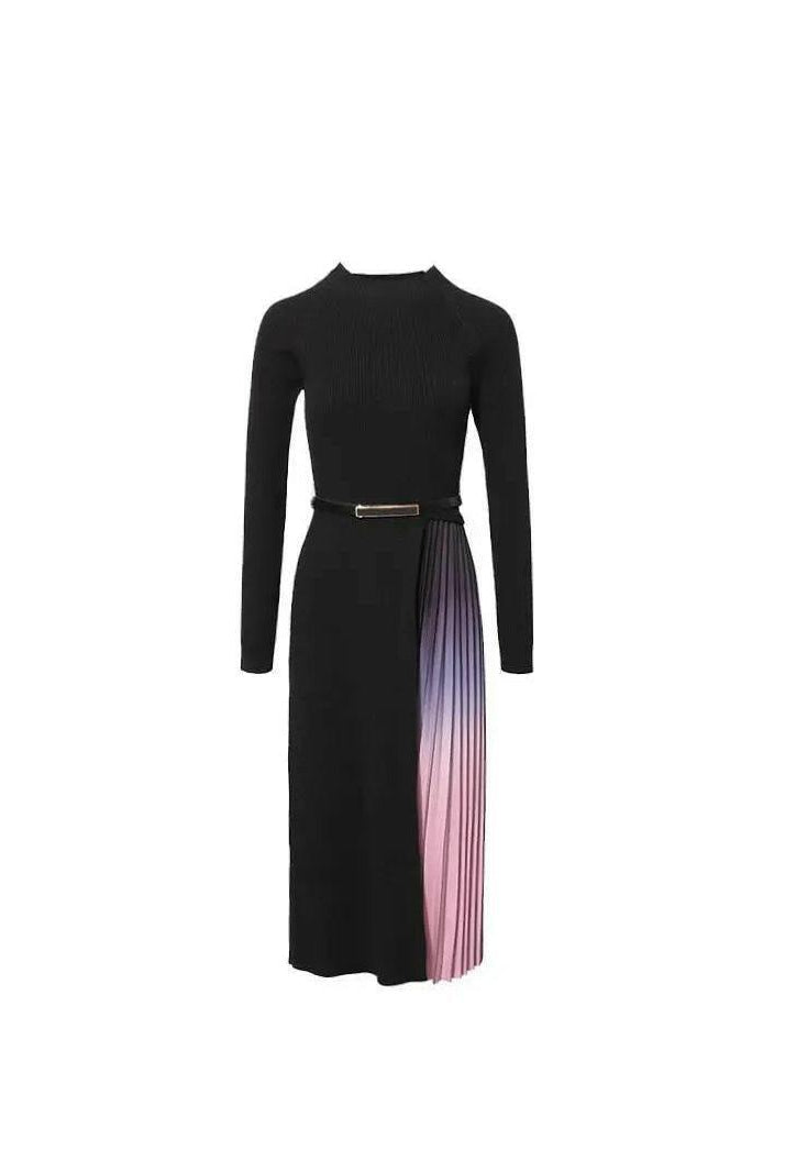 Giulia | Gradient Pleated Splicing Belted Knit Dress