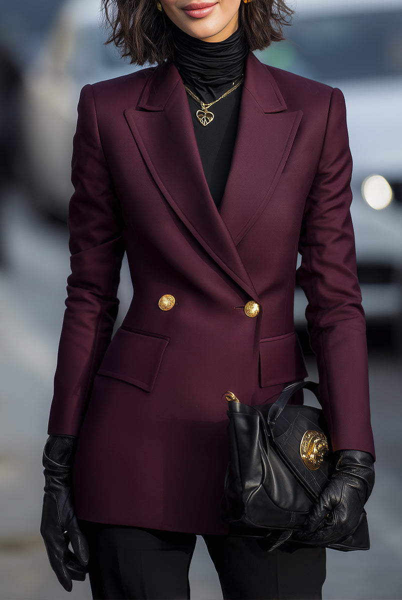Burgundy | Double-Breasted Blazer with Gold Accents - Lumina Vancouver - Lumina Vancouver