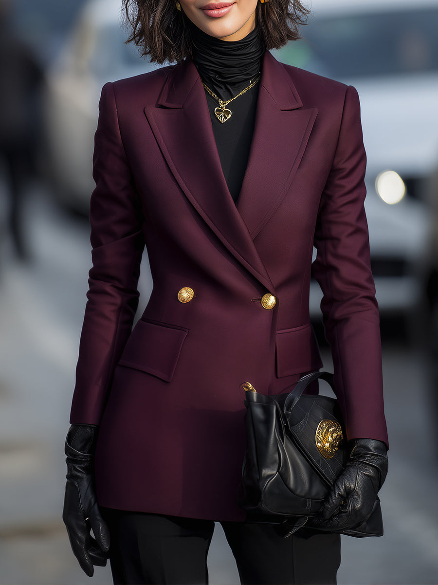 Burgundy | Double-Breasted Blazer with Gold Accents - Lumina Vancouver - Lumina Vancouver