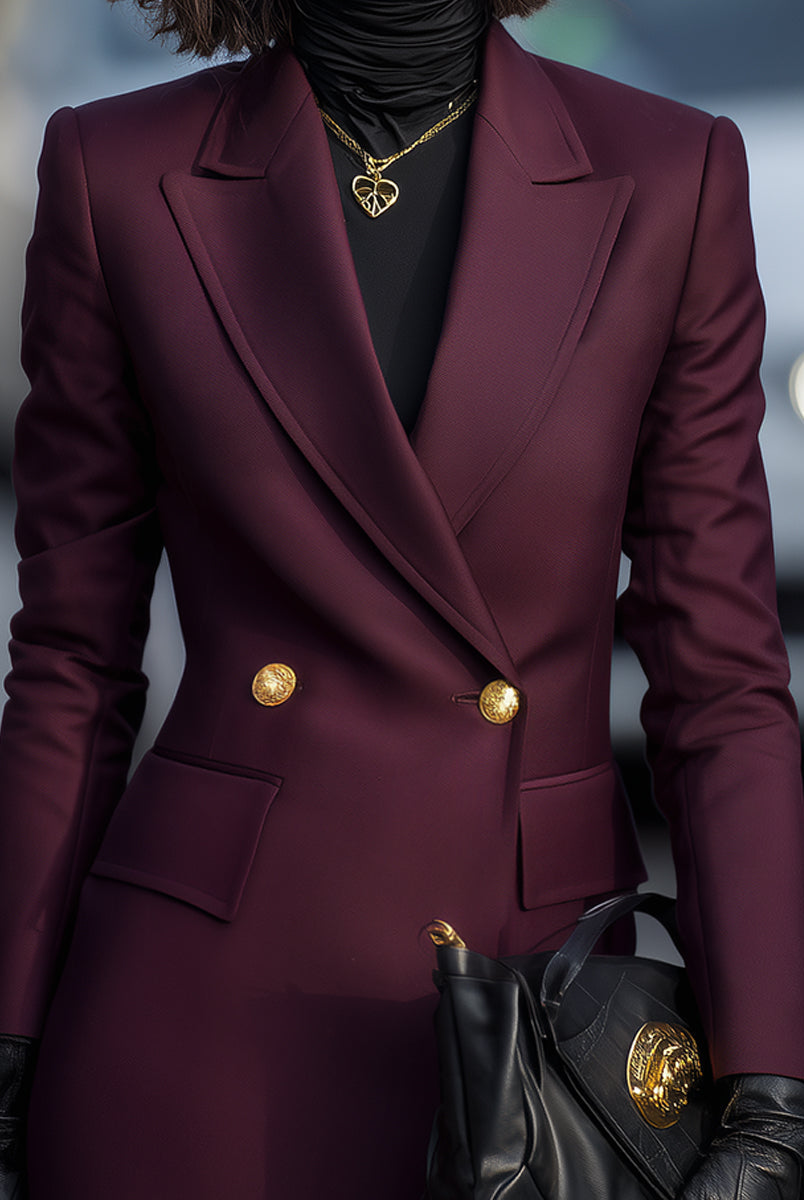 Burgundy | Double-Breasted Blazer with Gold Accents - Lumina Vancouver - Lumina Vancouver