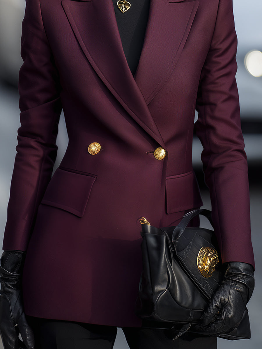 Burgundy | Double-Breasted Blazer with Gold Accents - Lumina Vancouver - Lumina Vancouver