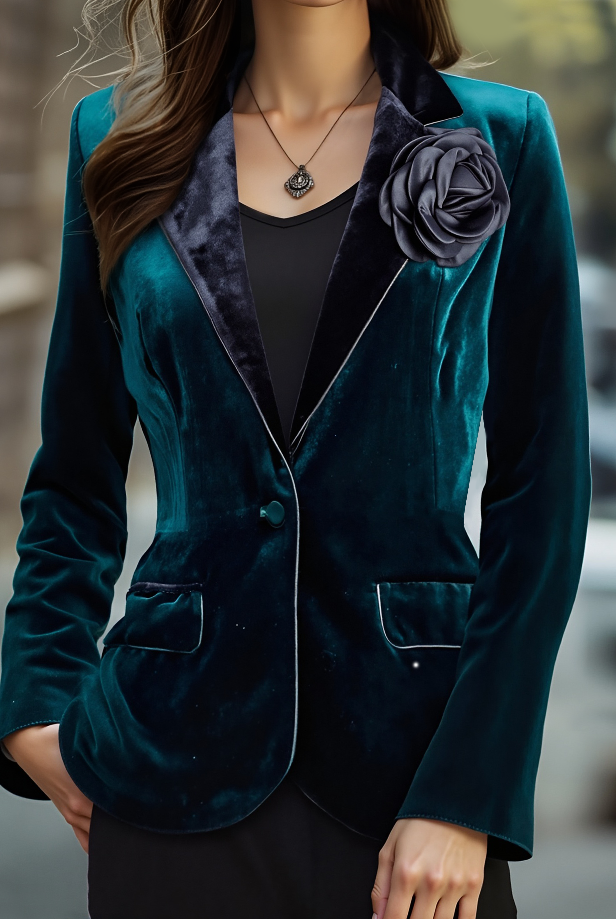 Emerald | Blazer with Satin Lapels and Rose Embroidery - Lumina Vancouver - Lumina Vancouver