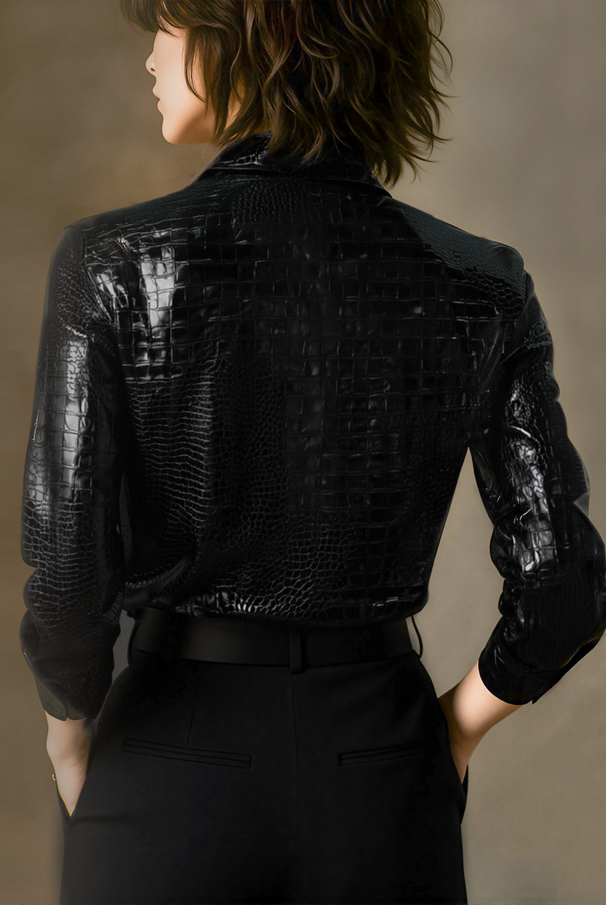 Glossy Black Crocodile Embossed Shirt - Lumina Vancouver