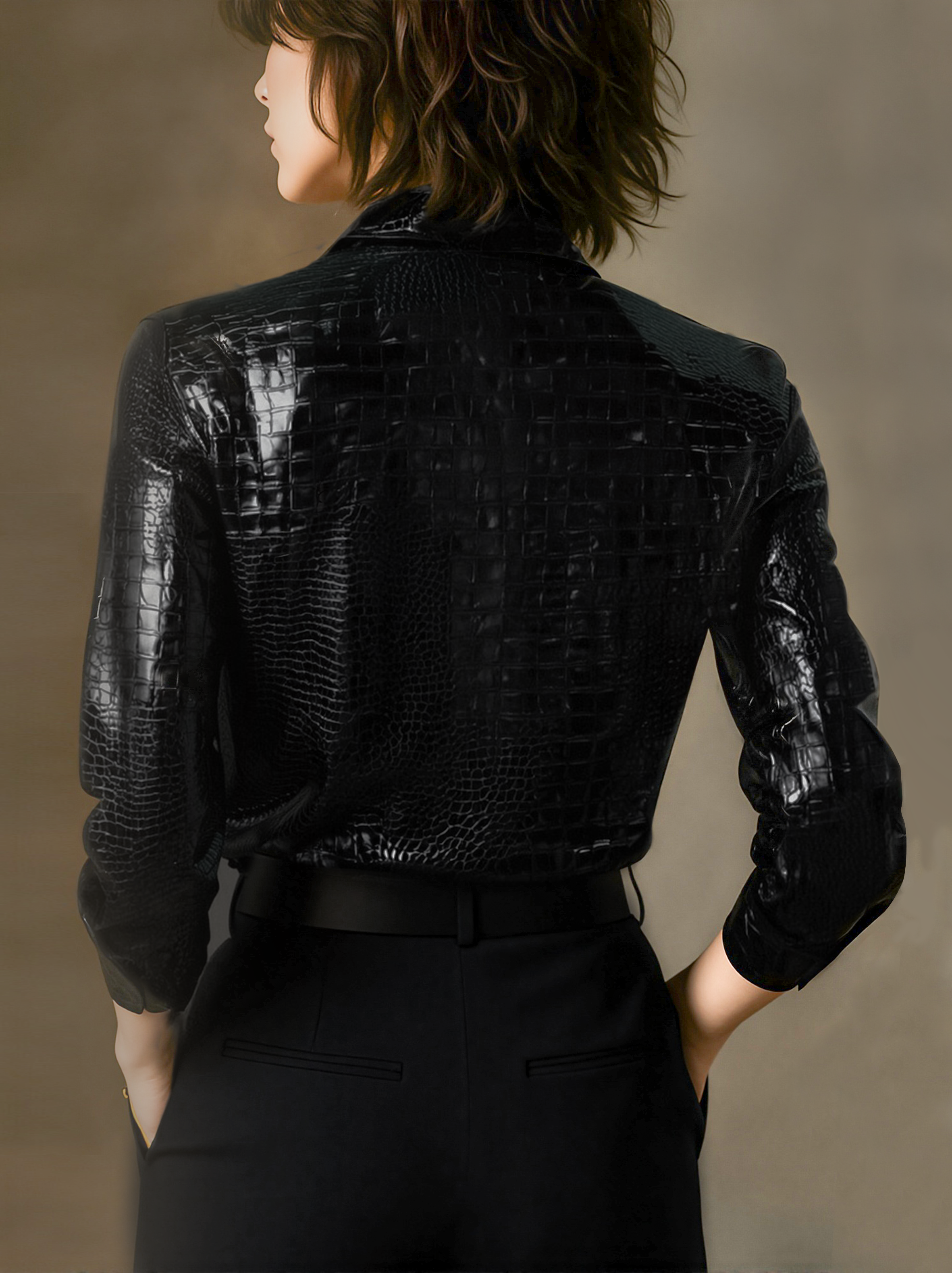 Glossy Black Crocodile Embossed Shirt - Lumina Vancouver