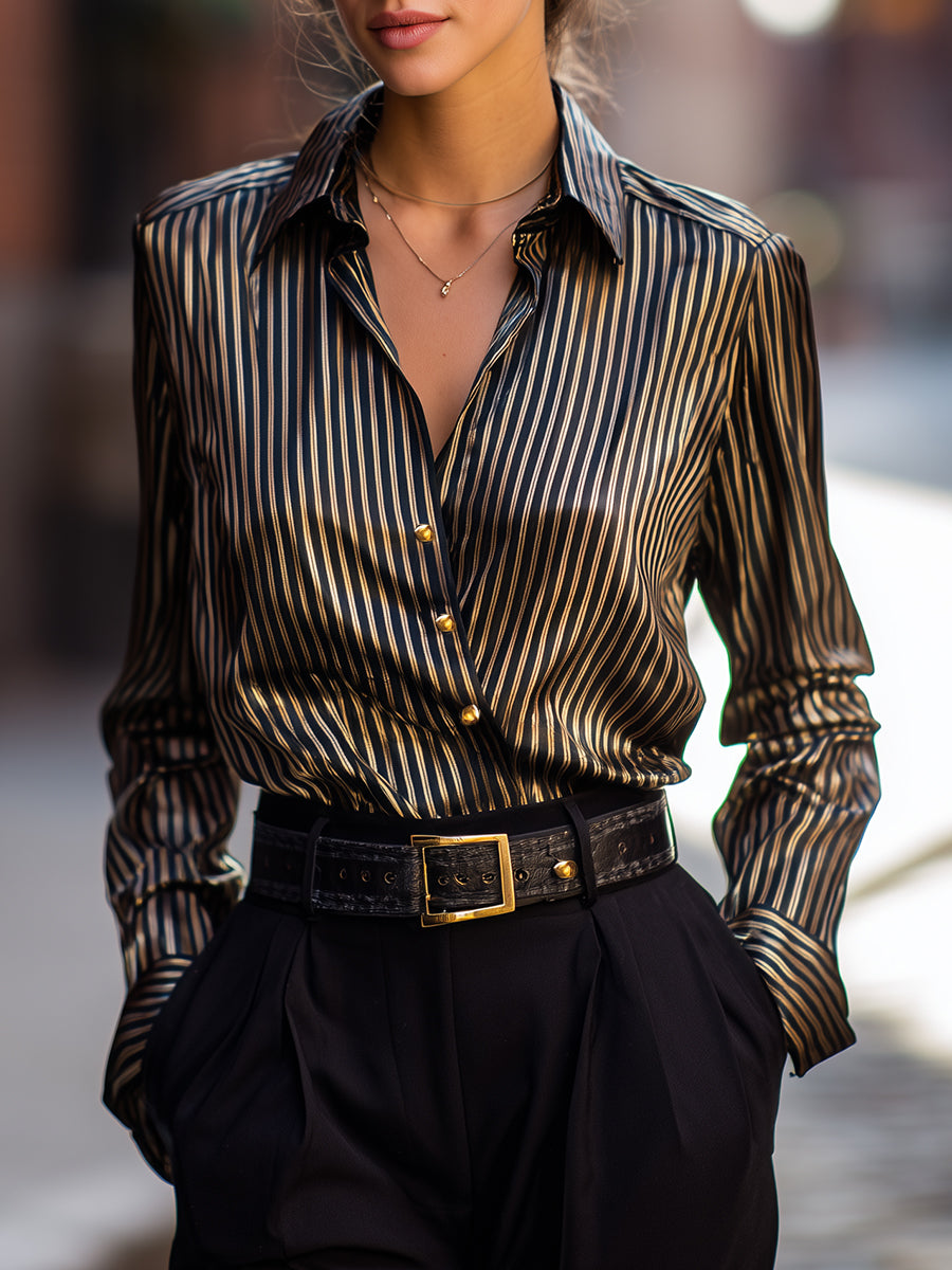 Isabelle | Metallic Stripe Satin Blouse - Lumina Vancouver - Lumina Vancouver