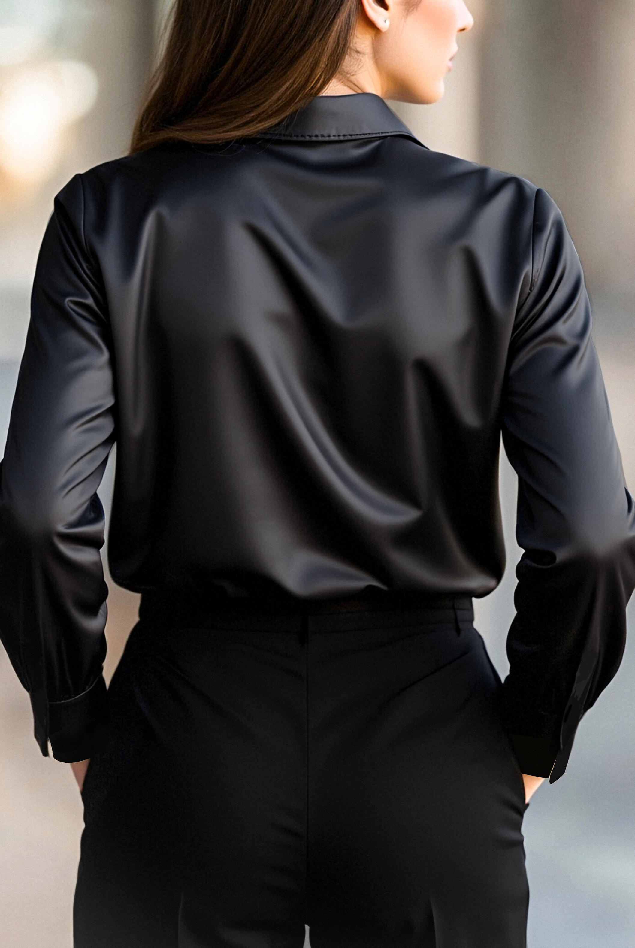 Luna | Black Satin Long Sleeve Blouse - Lumina Vancouver - Lumina Vancouver