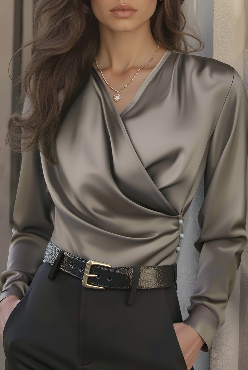 Isabelle | Brown Lace Up Satin Blouse - Lumina Vancouver - Lumina Vancouver