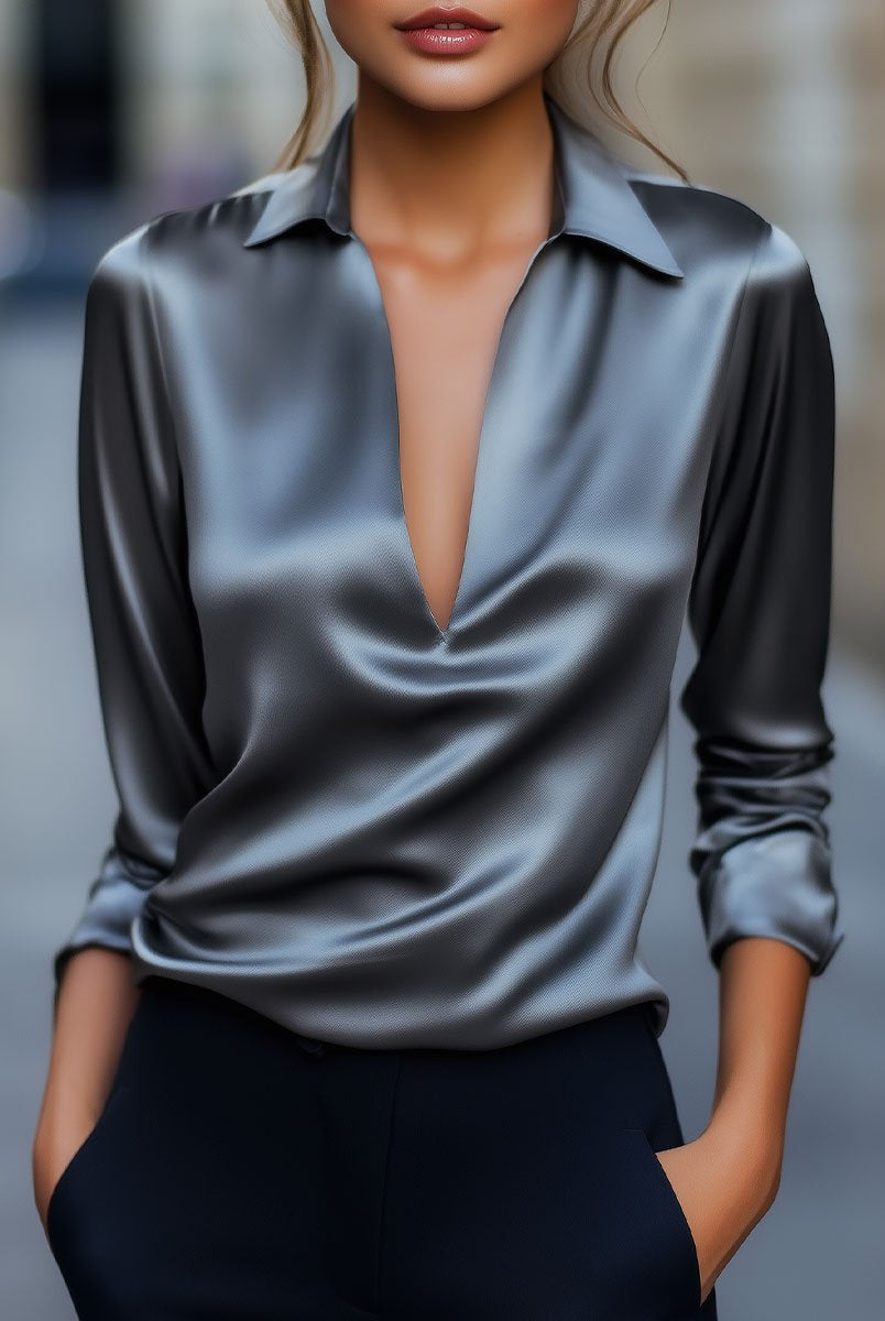Luna | Silver Satin V-Neck Blouse - Lumina Vancouver - Lumina Vancouver
