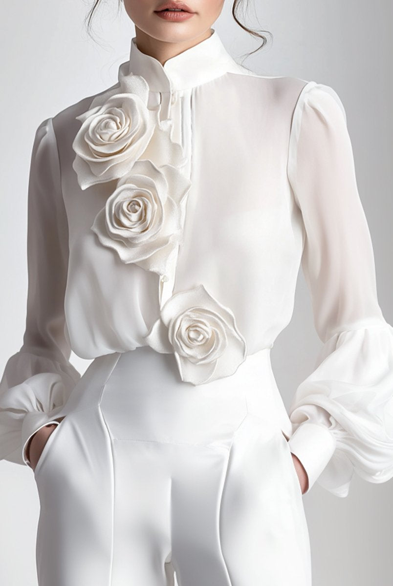 Isabelle | White Blouse With 3D Roses - Lumina Vancouver - Lumina Vancouver