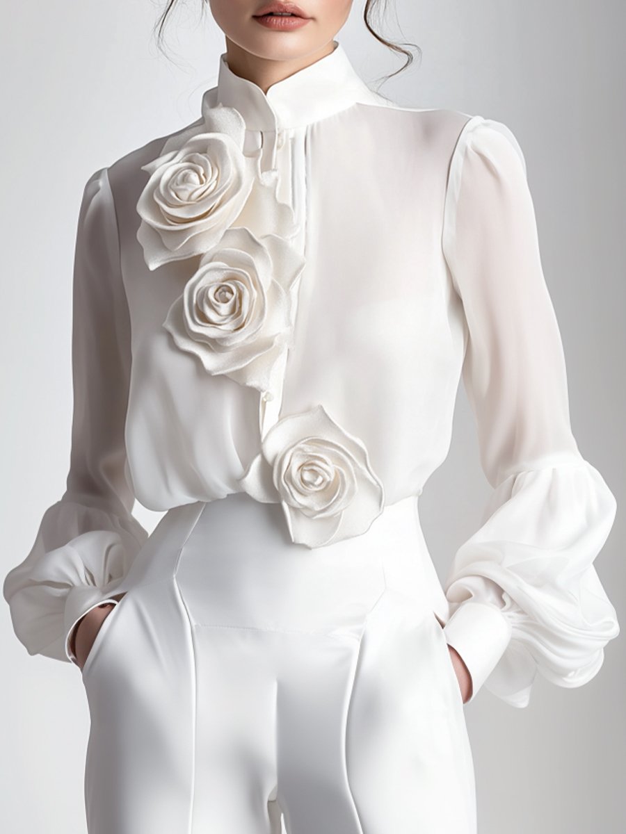 Isabelle | White Blouse With 3D Roses - Lumina Vancouver - Lumina Vancouver