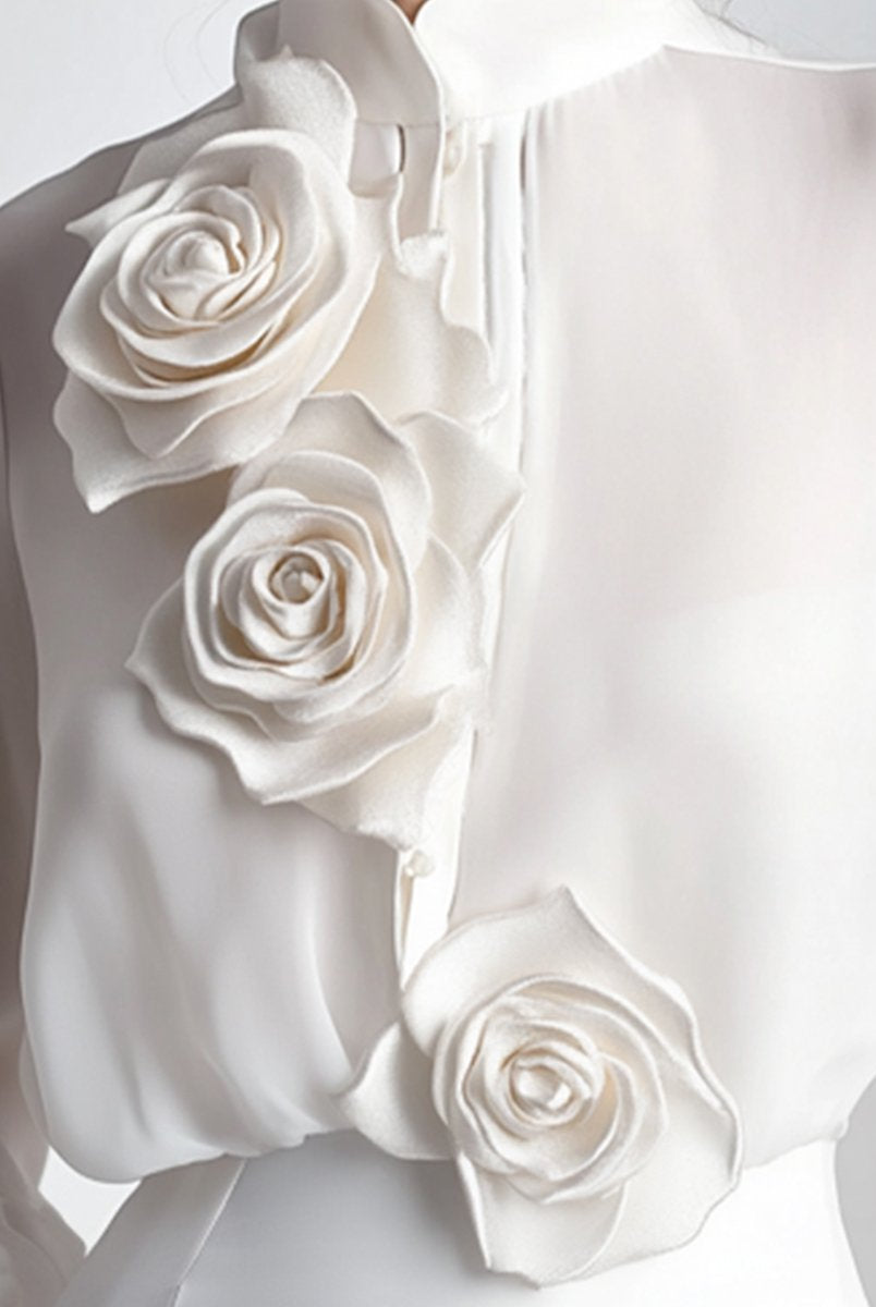 Isabelle | White Blouse With 3D Roses - Lumina Vancouver - Lumina Vancouver