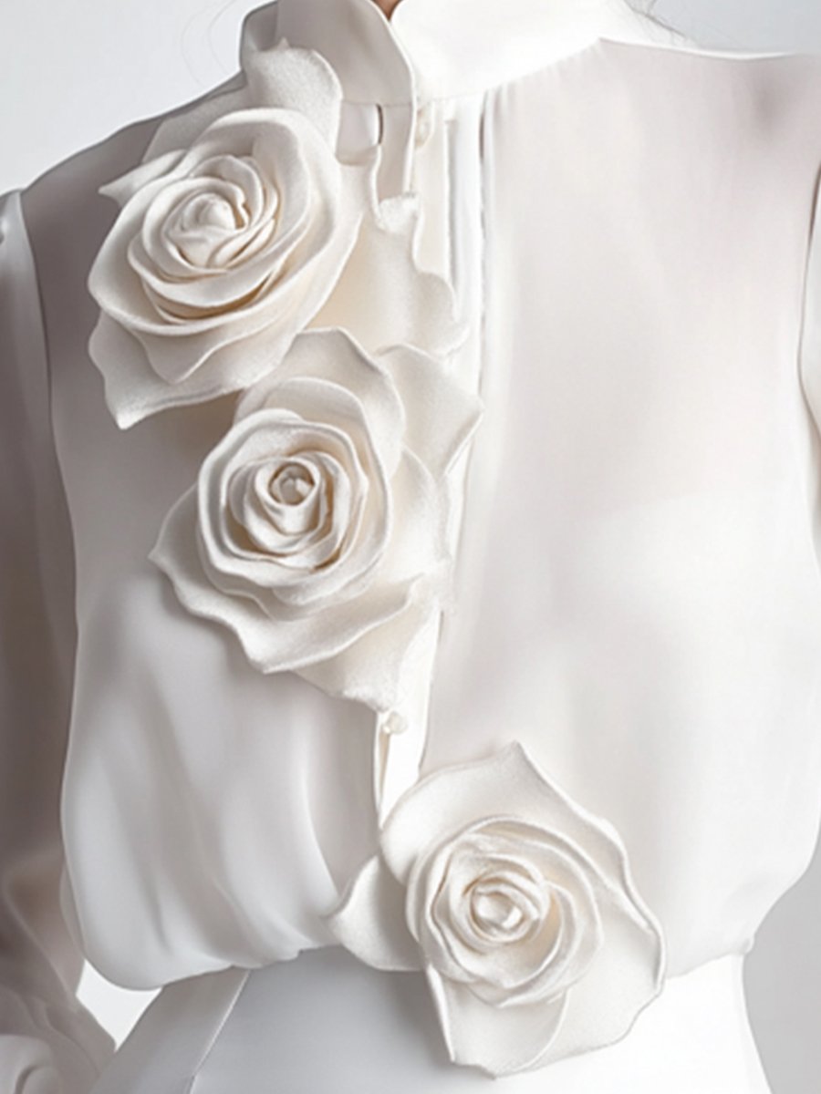 Isabelle | White Blouse With 3D Roses - Lumina Vancouver - Lumina Vancouver