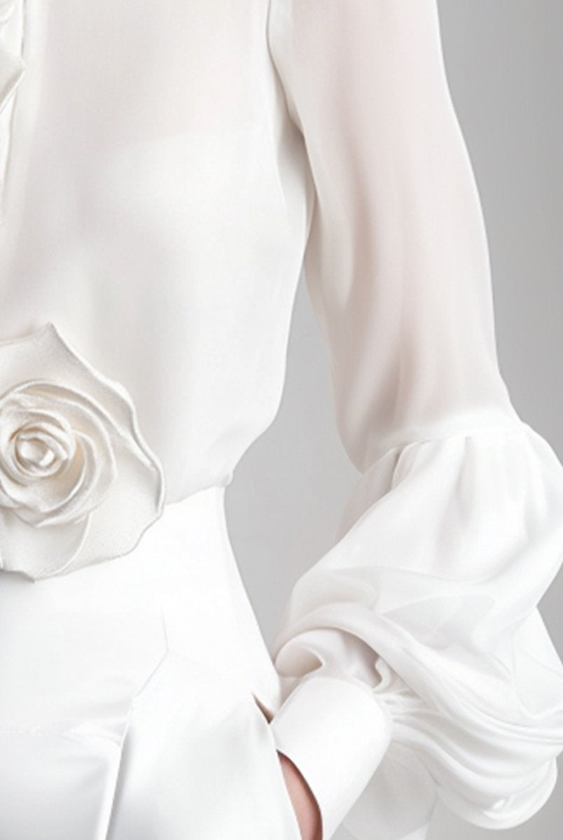 Isabelle | White Blouse With 3D Roses - Lumina Vancouver - Lumina Vancouver