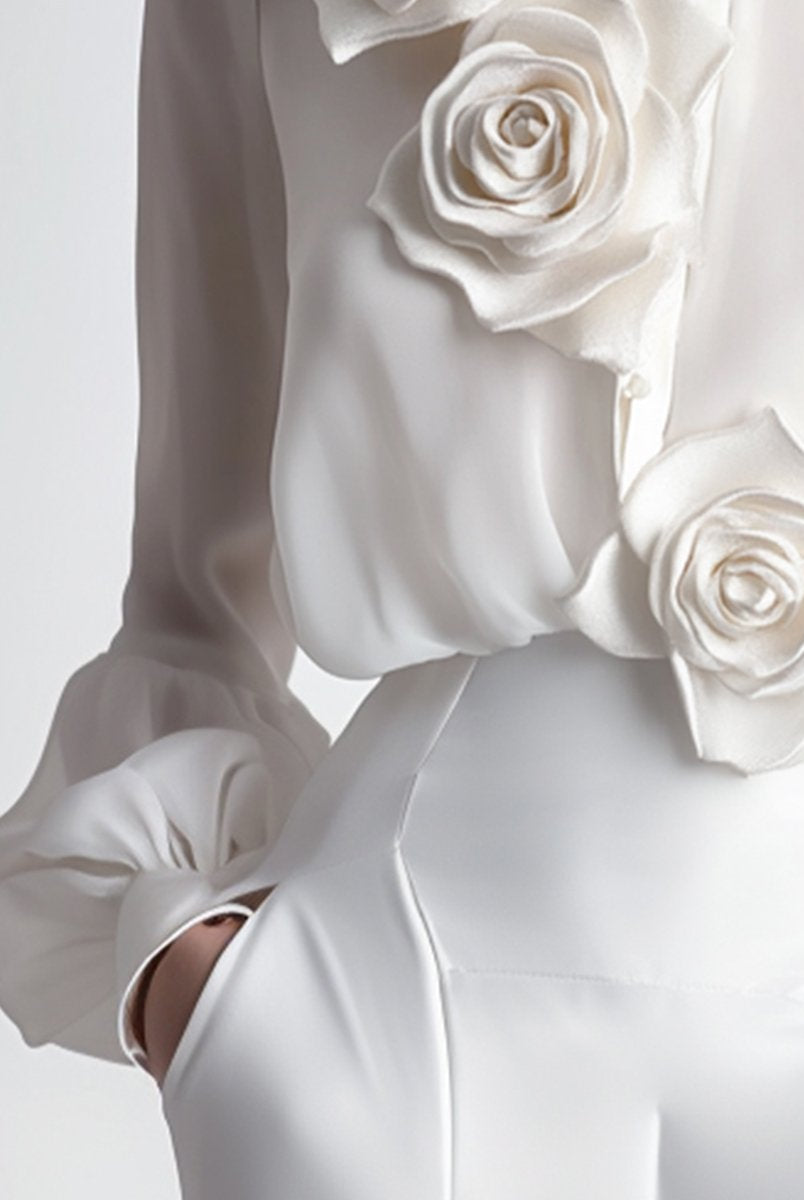 Isabelle | White Blouse With 3D Roses - Lumina Vancouver - Lumina Vancouver