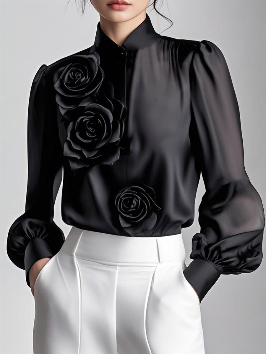 Isabelle | White Blouse With 3D Roses - Lumina Vancouver - Lumina Vancouver