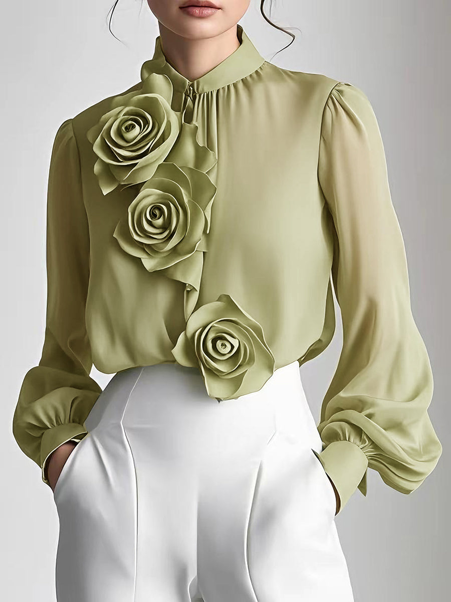 Isabelle | White Blouse With 3D Roses - Lumina Vancouver - Lumina Vancouver
