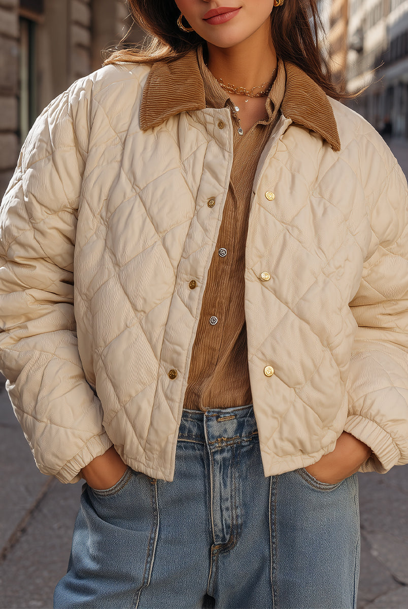 Elena | Quilted Cropped Jacket with Corduroy Collar in Beige - Lumina Vancouver - Lumina Vancouver