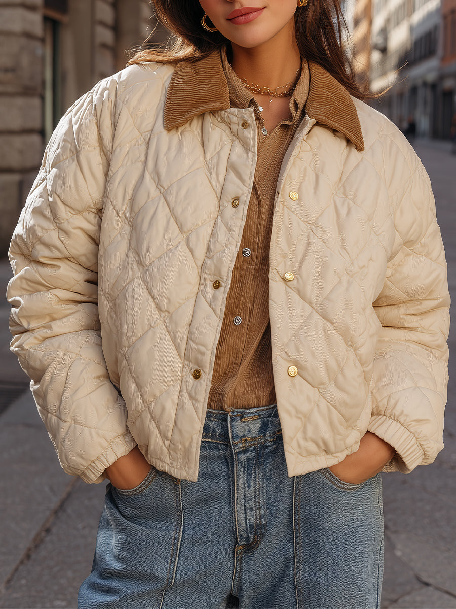 Elena | Quilted Cropped Jacket with Corduroy Collar in Beige - Lumina Vancouver - Lumina Vancouver