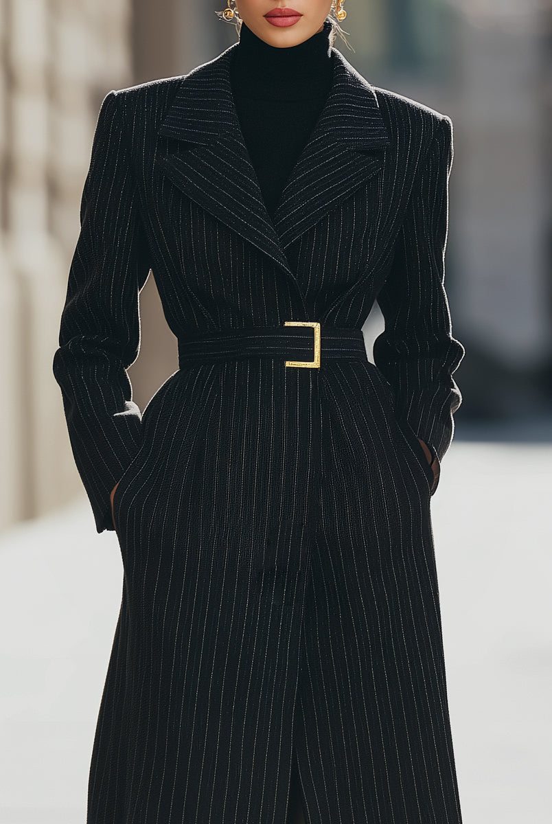 Aurora | Structured Pinstripe Belted Long Coat - Lumina Vancouver - Lumina Vancouver