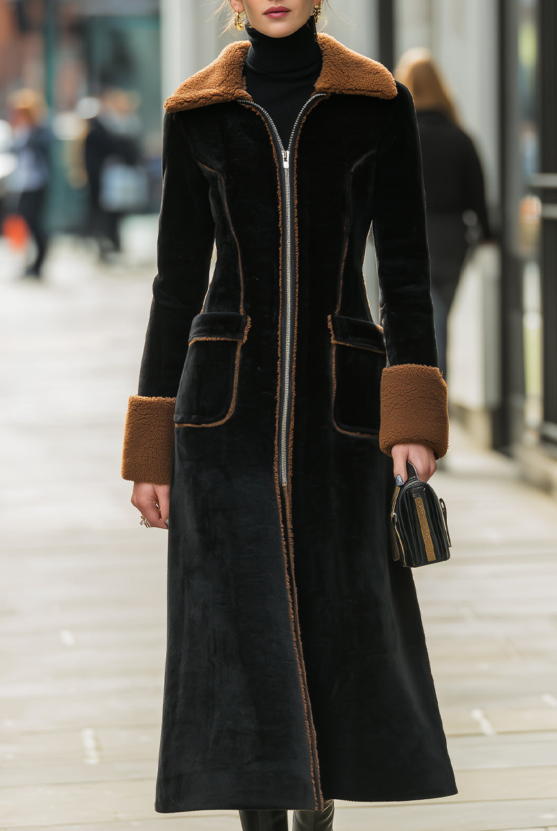 Elena | Long Plush Coat with Elegant Contrast Trim - Lumina Vancouver - Lumina Vancouver
