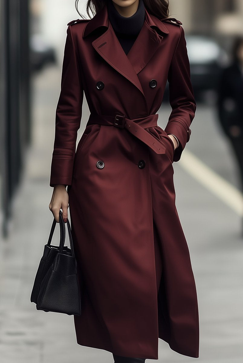 Elena | Double-Breasted Belted Trench Coat in Burgundy - Lumina Vancouver - Lumina Vancouver