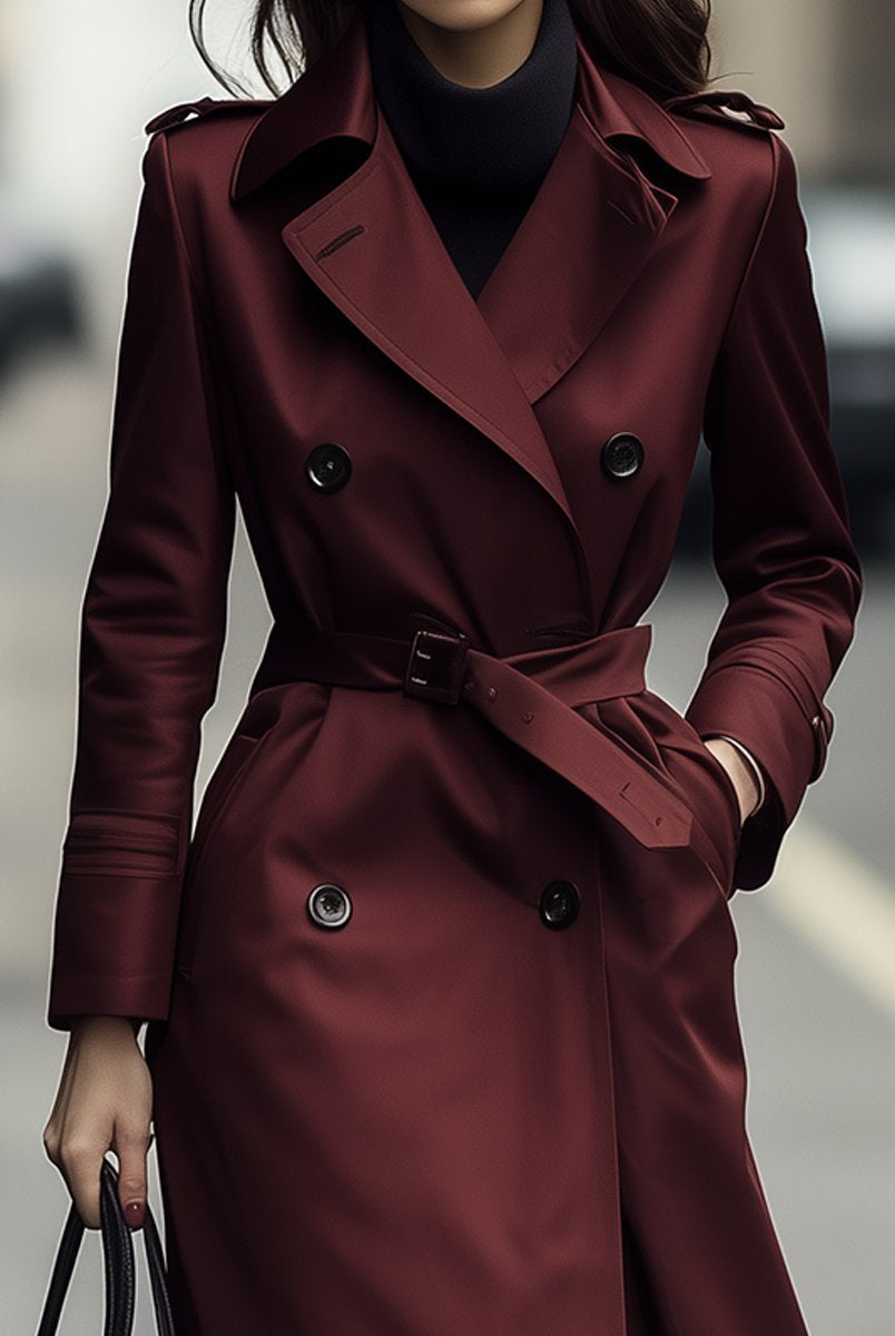 Elena | Double-Breasted Belted Trench Coat in Burgundy - Lumina Vancouver - Lumina Vancouver