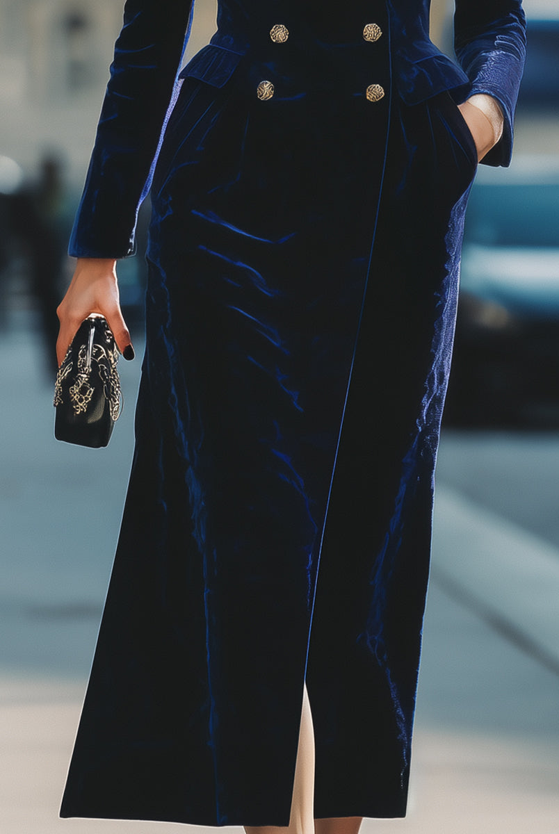 Aurora | Double-Breasted Long Coat in Midnight Blue Velvet - Lumina Vancouver - Lumina Vancouver