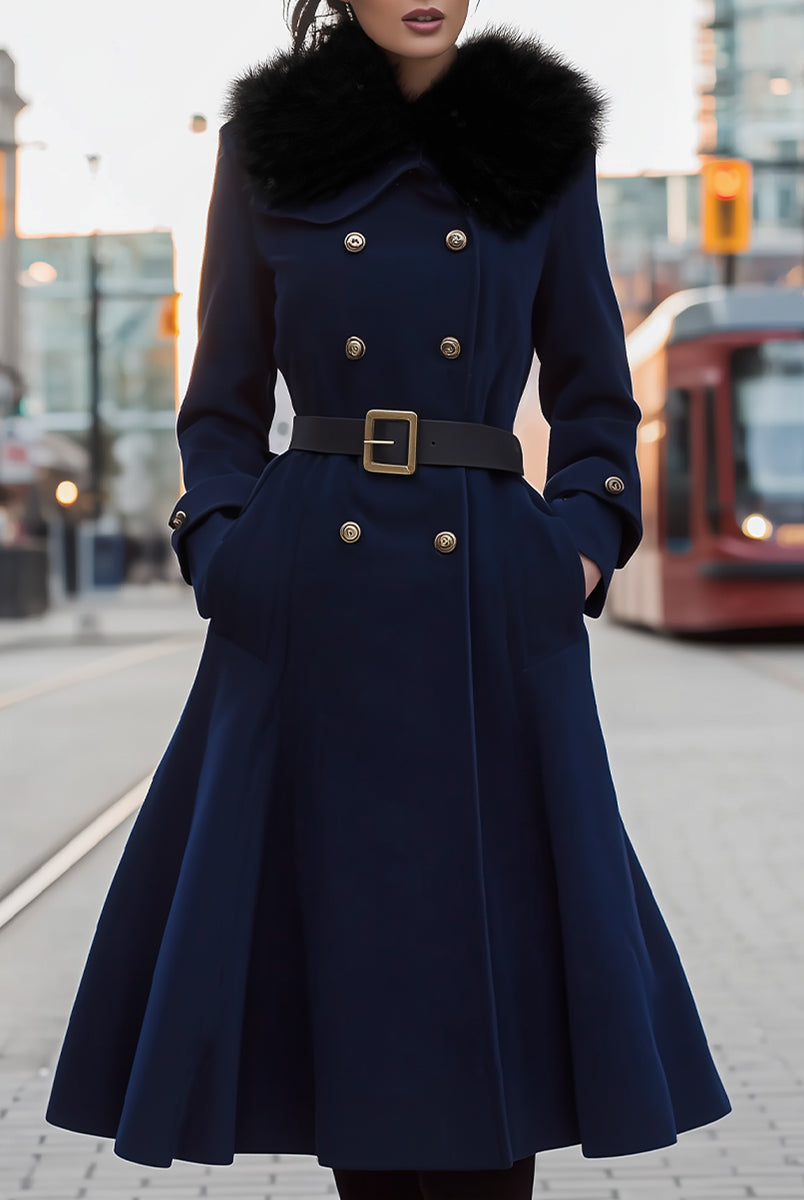 Elena | Double-Breasted Belted Midi Coat with Faux Fur Collar - Lumina Vancouver - Lumina Vancouver