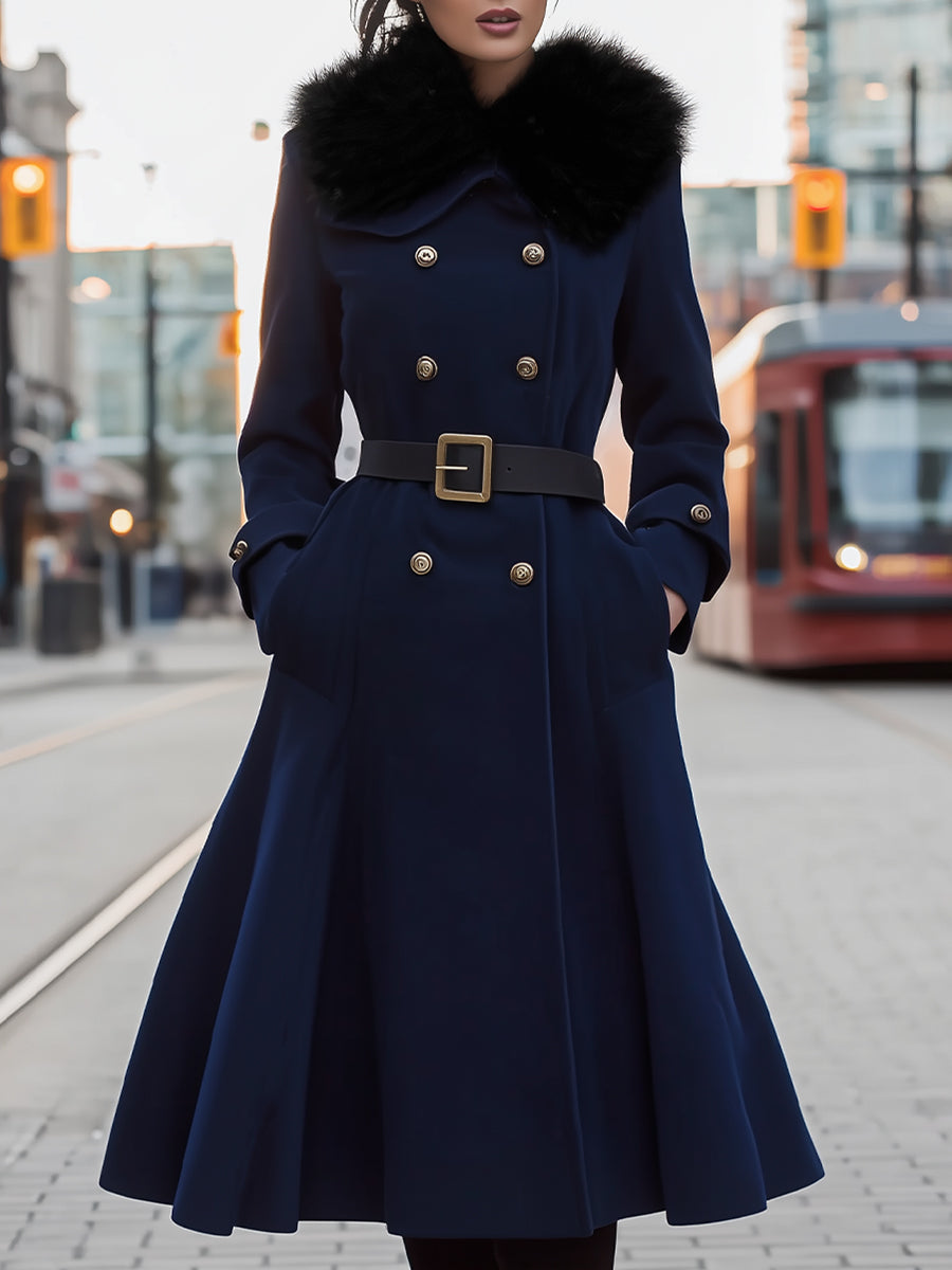Elena | Double-Breasted Belted Midi Coat with Faux Fur Collar - Lumina Vancouver - Lumina Vancouver
