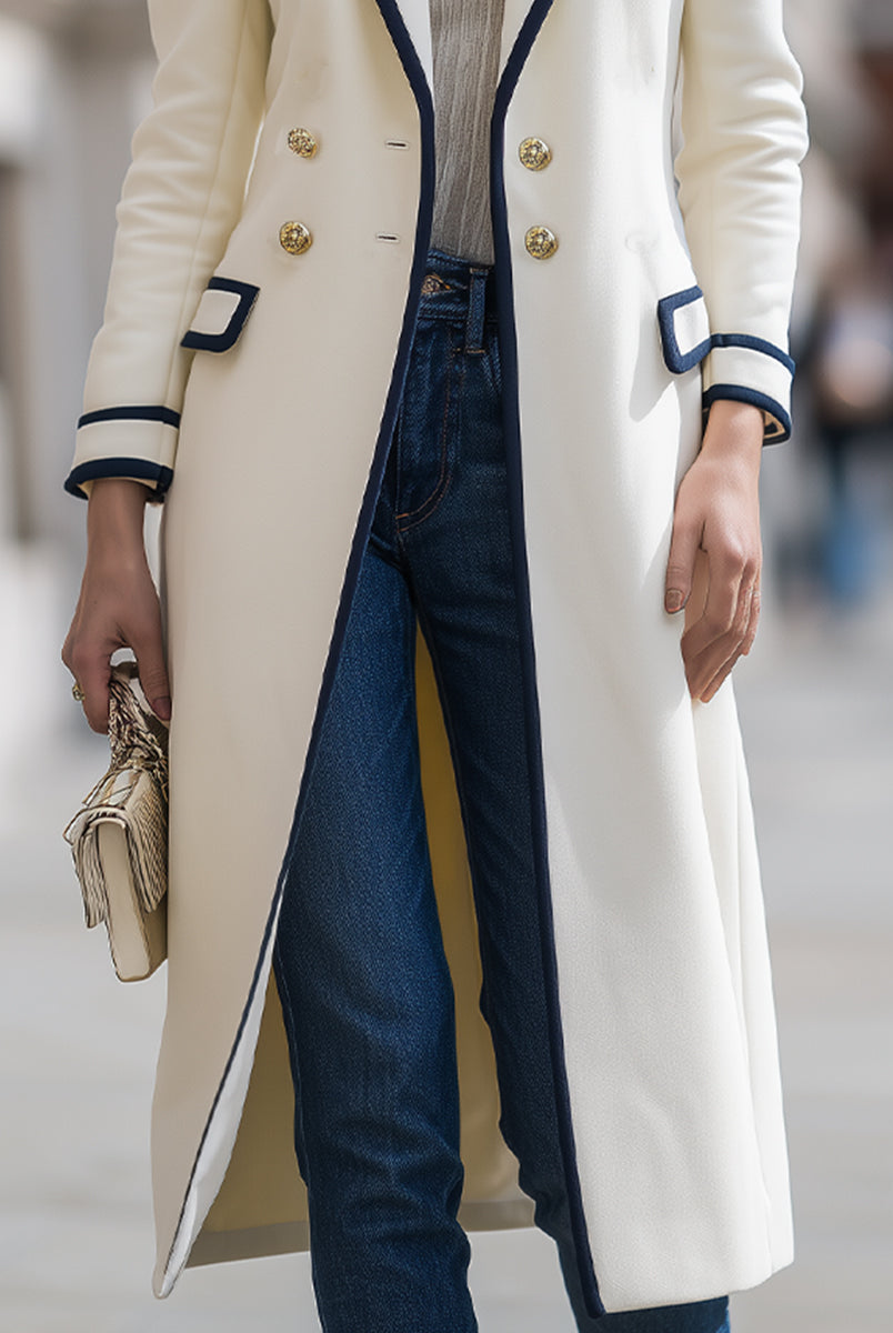 Elena | Double-Breasted Coat with Navy Contrast Trim - Lumina Vancouver - Lumina Vancouver