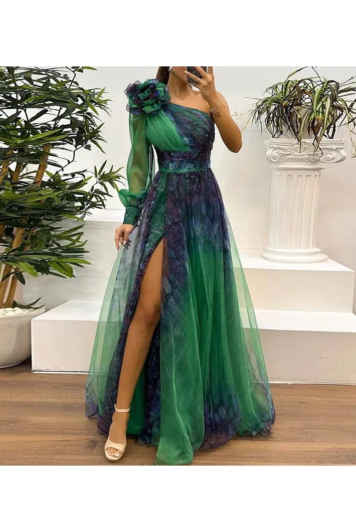 Judith - Trendy One Shoulder Mesh Print Maxi Dress