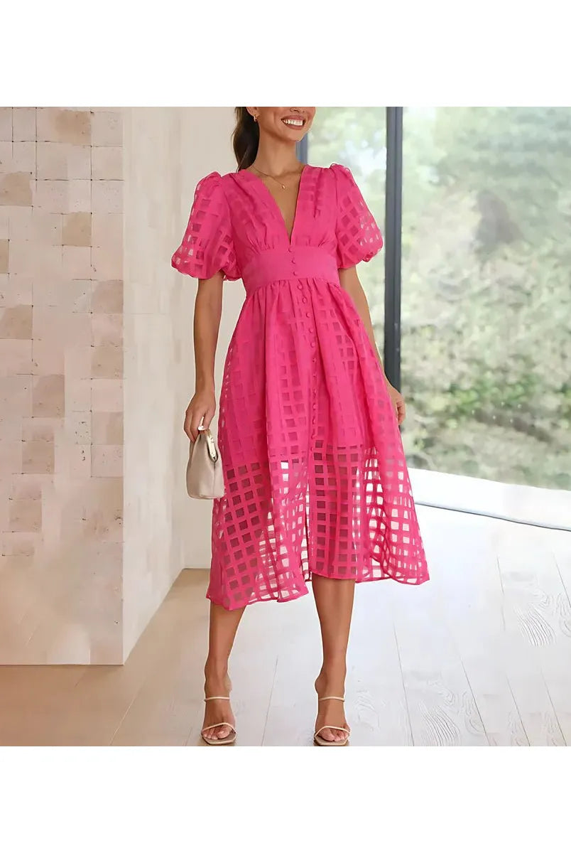 Cindy - Classic Patterned Puff Sleeve Midi Dress