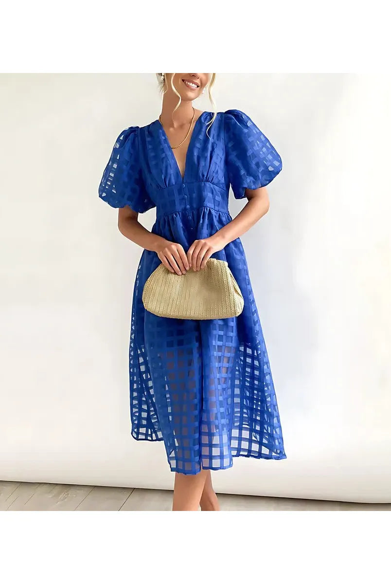 Cindy - Classic Patterned Puff Sleeve Midi Dress