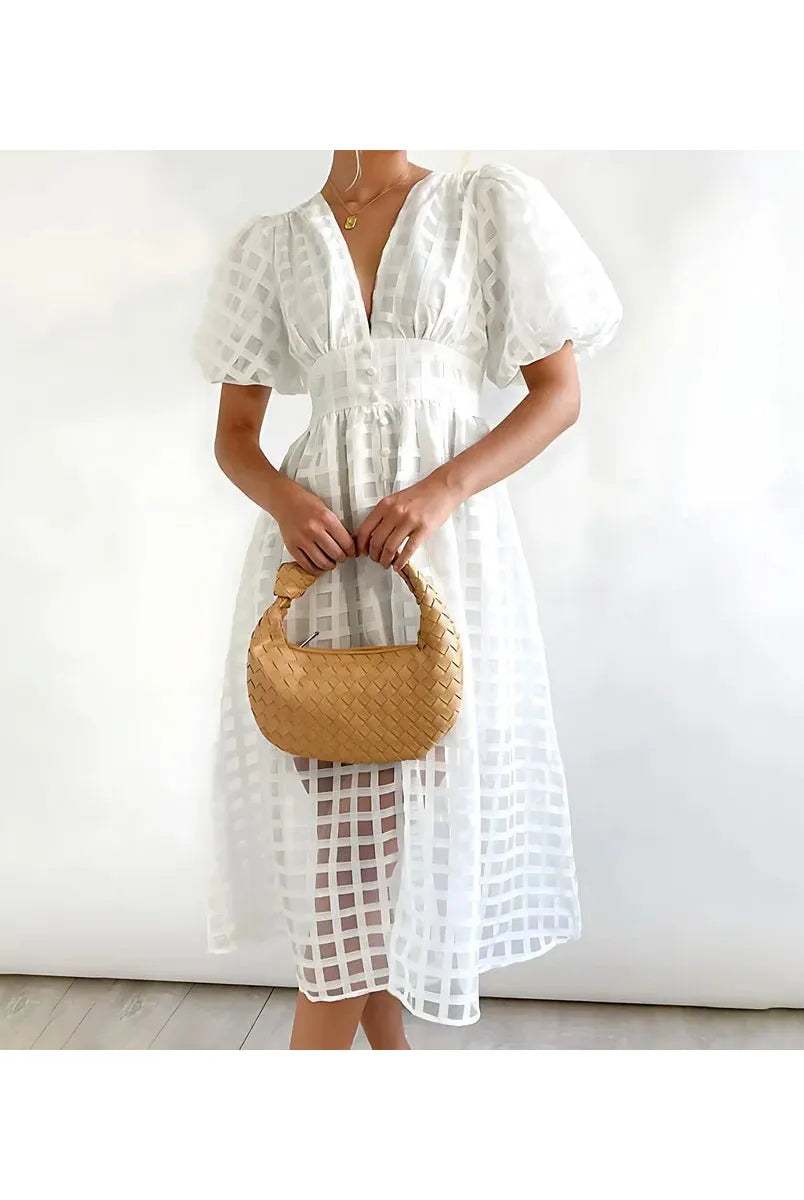 Cindy - Classic Patterned Puff Sleeve Midi Dress