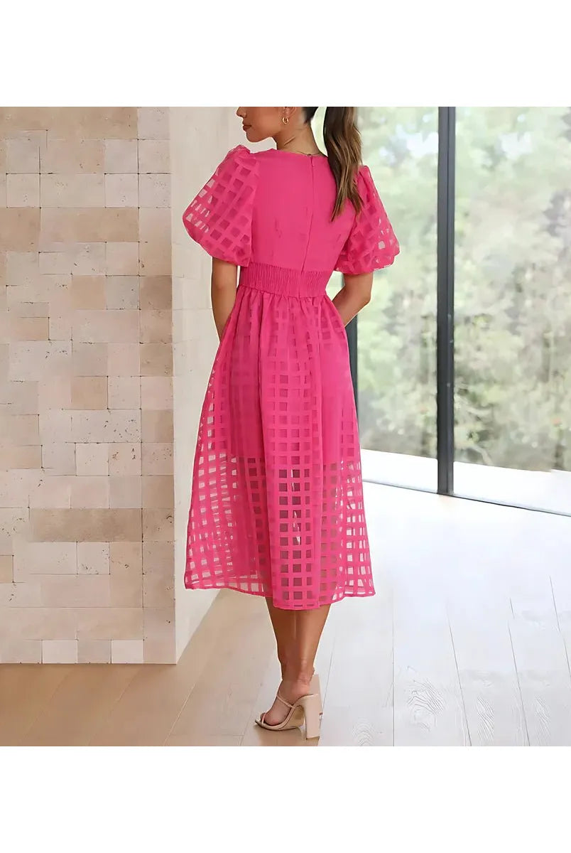 Cindy - Classic Patterned Puff Sleeve Midi Dress
