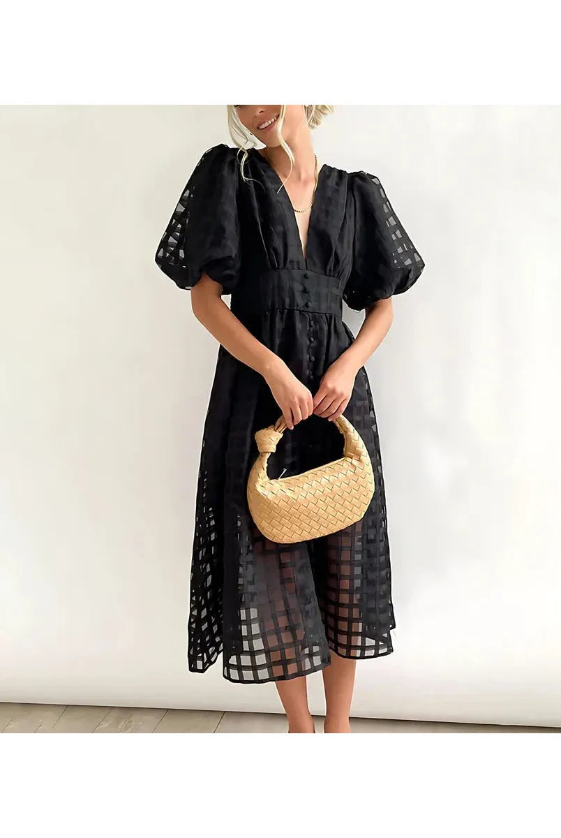 Cindy - Classic Patterned Puff Sleeve Midi Dress