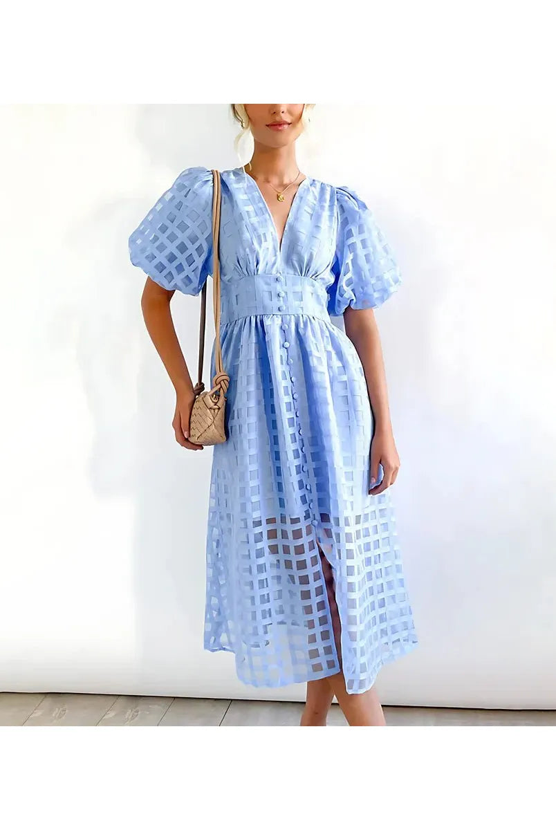 Cindy - Classic Patterned Puff Sleeve Midi Dress