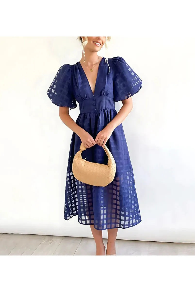 Cindy - Classic Patterned Puff Sleeve Midi Dress