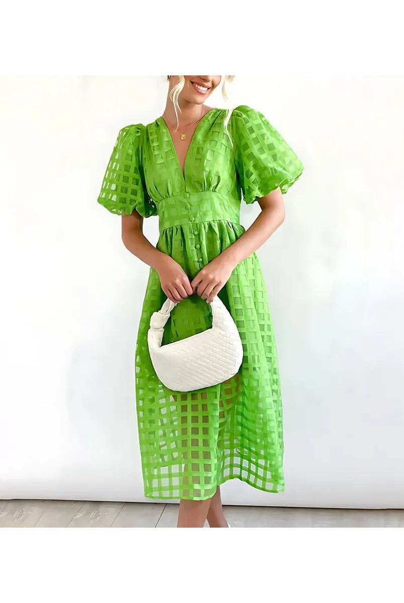 Cindy - Classic Patterned Puff Sleeve Midi Dress