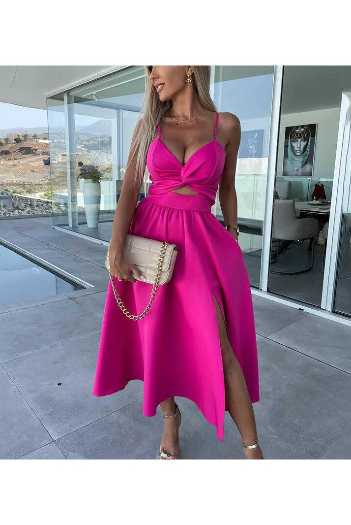 Vanette - Elegant Strappy Front Slit Midi Dress