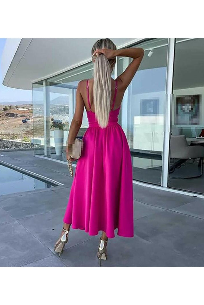 Vanette - Elegant Strappy Front Slit Midi Dress