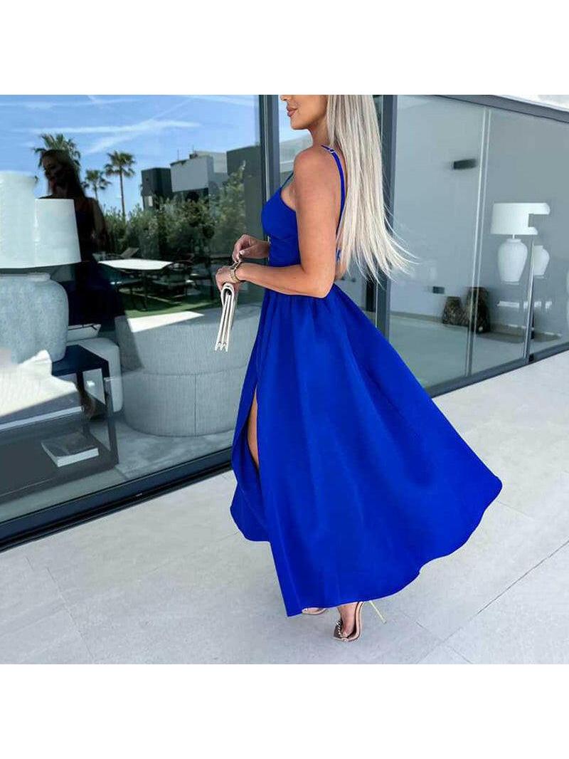 Vanette - Elegant Strappy Front Slit Midi Dress