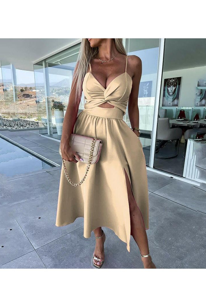 Vanette - Elegant Strappy Front Slit Midi Dress