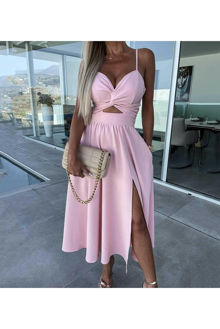 Vanette - Elegant Strappy Front Slit Midi Dress
