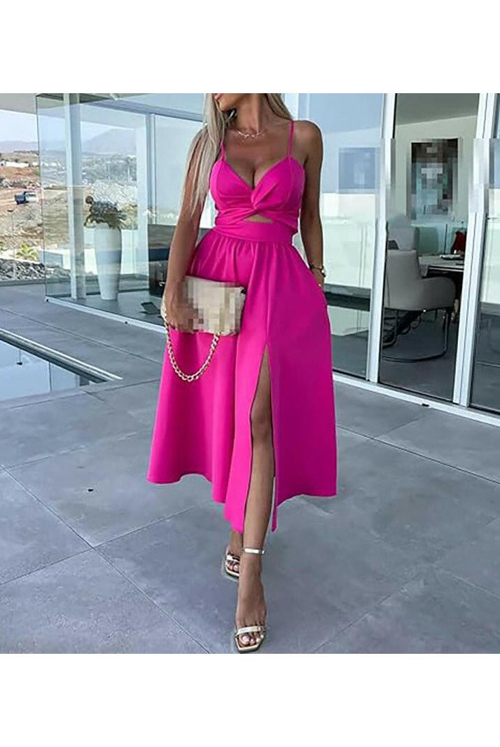 Vanette - Elegant Strappy Front Slit Midi Dress