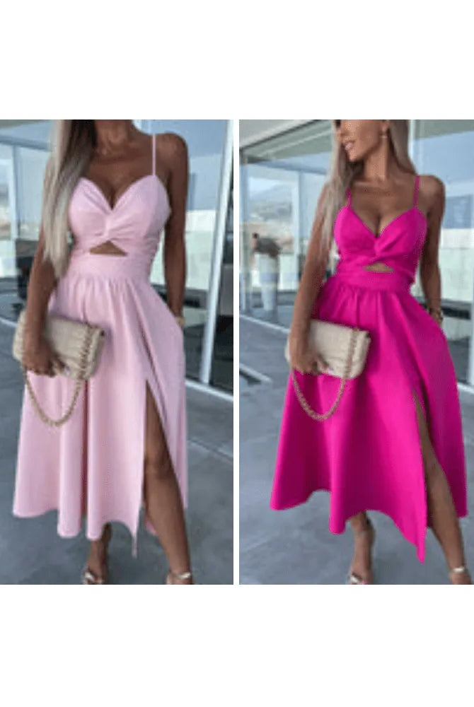 Vanette - Elegant Strappy Front Slit Midi Dress